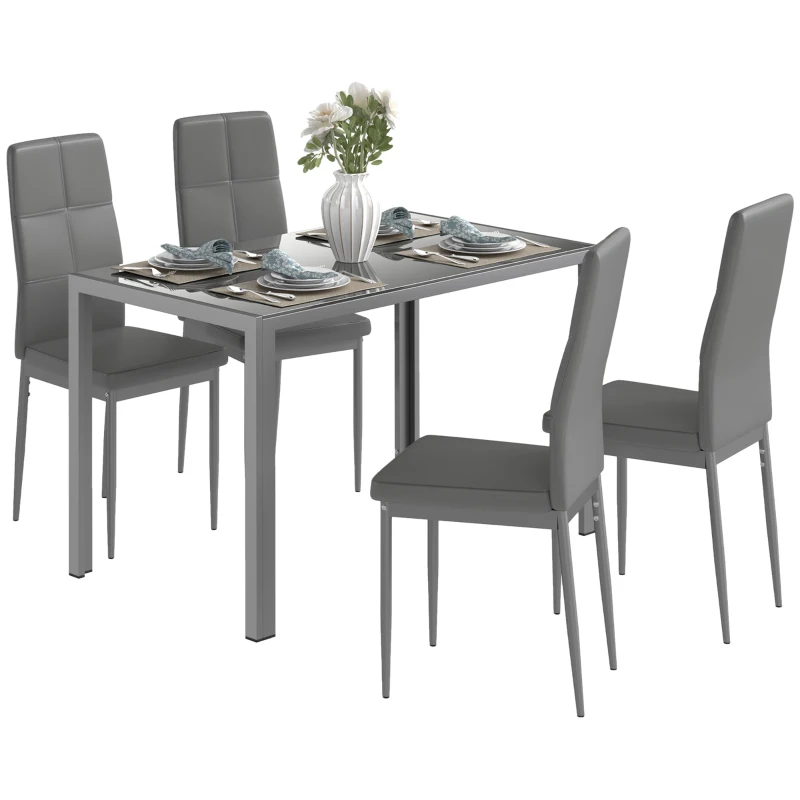 HOMCOM 5-Piece Kitchen Dining Table Set with 4 Faux Leather Metal Frame Chairs Glass Tabletop Desk for Dining Room, Kitchen, Dinette, Grey