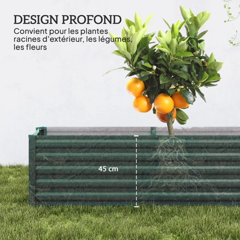 Outsunny Carré potager potager surélevé en acier galvanisé barres de soutien et plaques d'angle fond ouvert 240 x 40 x 45 cm vert
