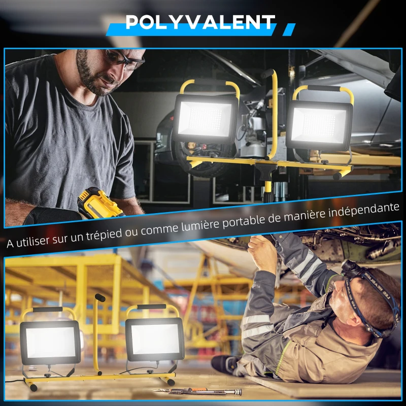 HOMCOM Projecteur de chantier sur trépieds 2 x 100W, 17000LM, double tête pivotante 360° support ajustable étanche IP65, jaune