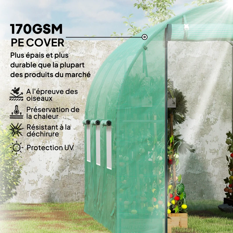 Outsunny Serre tunnel de jardin 3 x 2 x 2 m avec porte enroulable et grandes fenêtres, en acier galvanisé et PE, vert