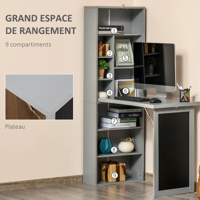 HOMCOM Bureau avec rangement pliable murale rabattable avec bibliothèque poste de travail tableau à craie et étagère réglable(m-5)