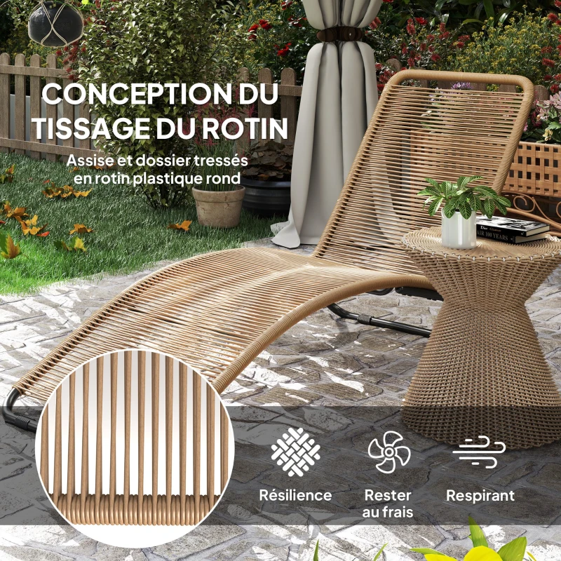 Outsunny Bain de soleil, chaise longue en résine tressée, en forme de S, cadre en acier  176 x 58 x 82 cm, naturel