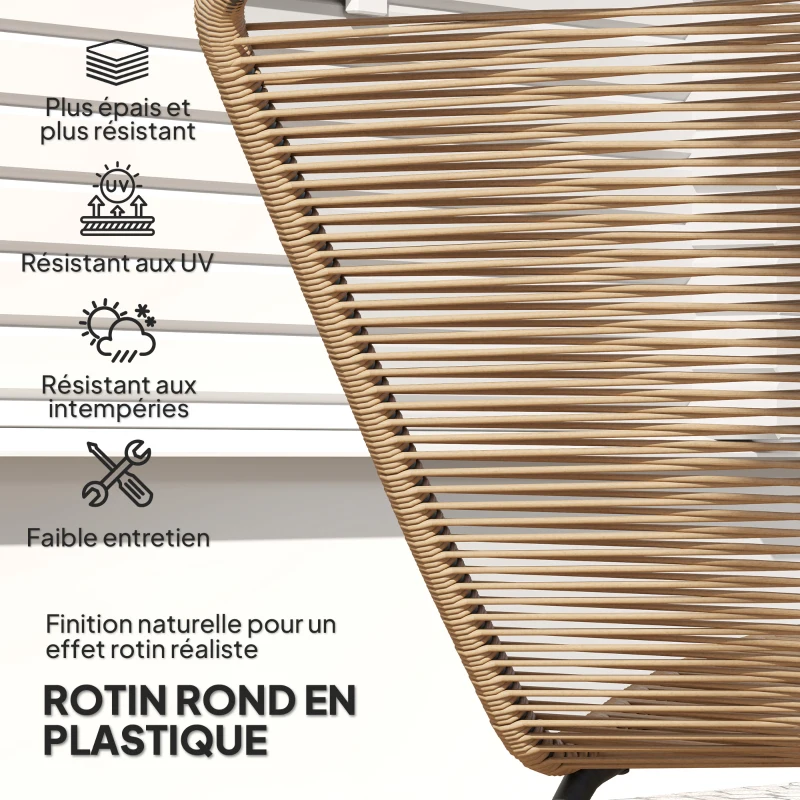 Outsunny Bain de soleil, chaise longue en résine tressée, en forme de S, cadre en acier  176 x 58 x 82 cm, naturel