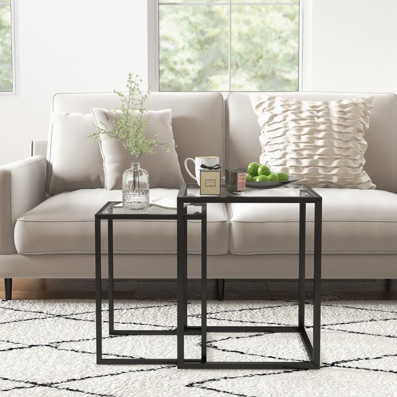 HOMCOM Nesting Tables Set of 2, Side End Table with Tempered Glass Top and Steel Frame for Living Room, Bedroom, Black