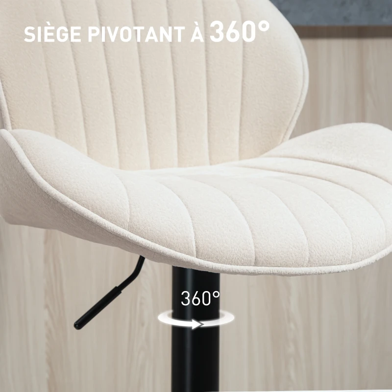 HOMCOM Lot de 2 tabourets de bar forme de coquillage, dossier, hauteur réglable et repose-pieds, cadre en acier, beige