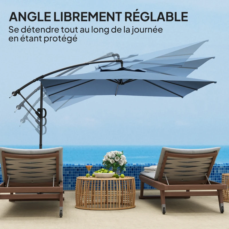 Outsunny Parasol déporté carré 3 x 3 m avec manivelle, base croisée, parasol inclinable et rotation à 360°, toile 180 g/m² bleu