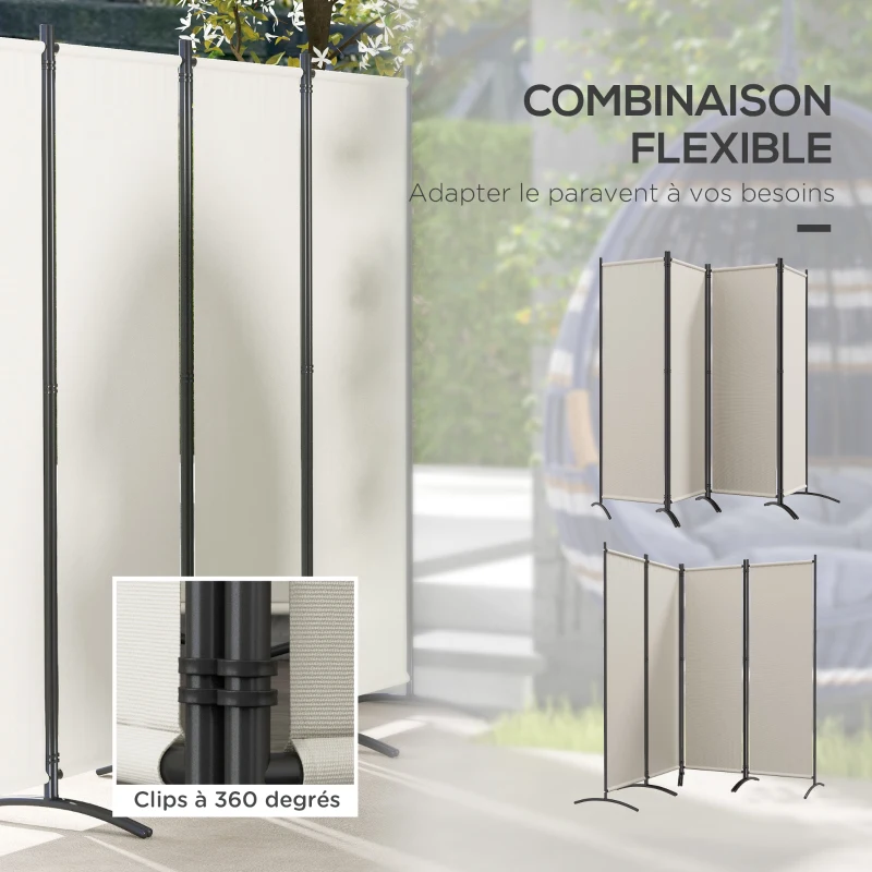 Outsunny Paravent 221 x 172 cm paravent de jardin à 4 panneaux avec pieds larges en tissu polyester de 180 g/m² crème