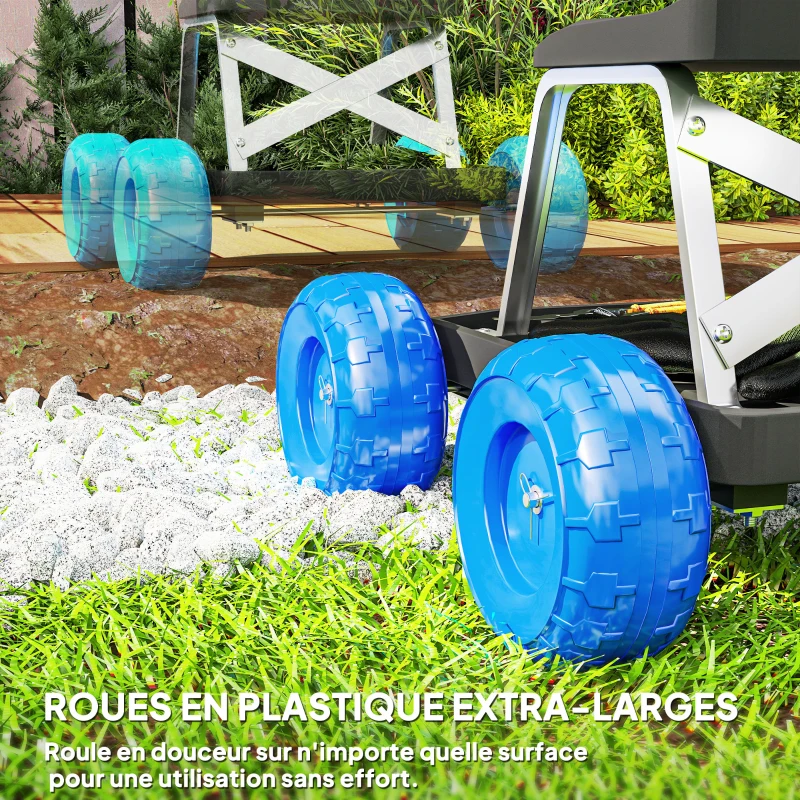 Outsunny Siège de jardin sur roues tabouret de jardinage plateau à outils pour désherber planter 50 x 49 x 32 cm bleu