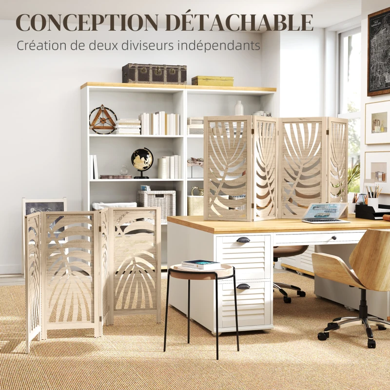 HOMCOM Paravent interieur en bois 4 panneaux 160 x 170 cm, pliable et portable, motif de feuille, design amovible, bois naturel