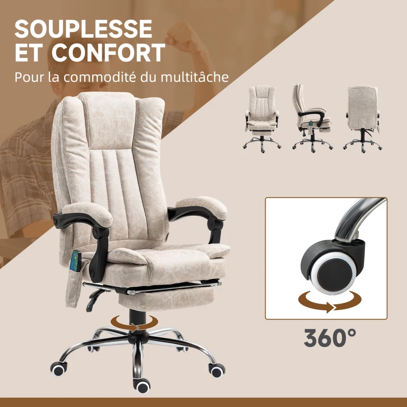 Vinsetto Fauteuil de bureau massant et chauffant avec hauteur réglable, dossier inclinable, repose-pied et télécommande, crème
