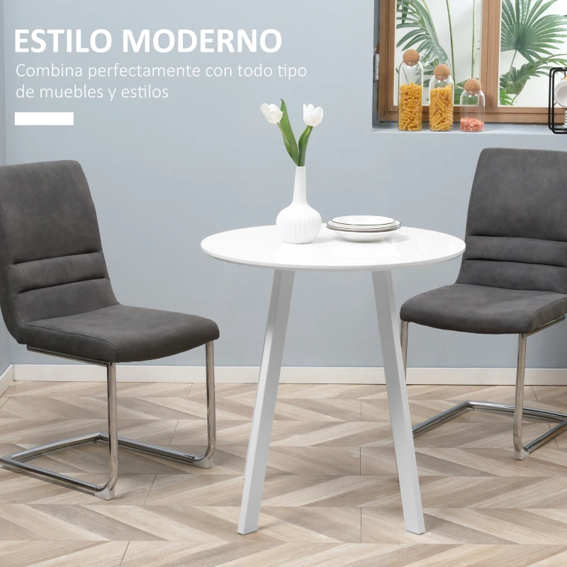 HOMCOM Mesa de Comedor Moderna para 2 Personas Mesa Redonda con Patas de Metal para Cocina Salón Ø72x75 cm Blanco Brillo