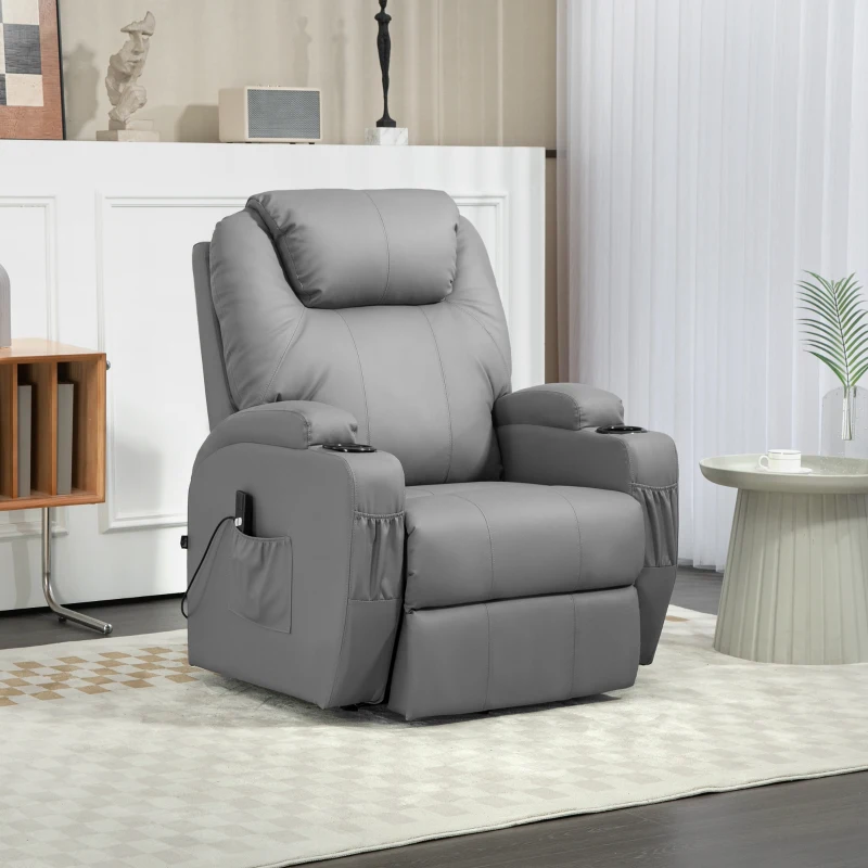 HOMCOM Elektrischer Relaxsessel mit Aufstehhilfe, Getränkehalter, 4 Taschen, 84x92x109 cm, Hellgrau