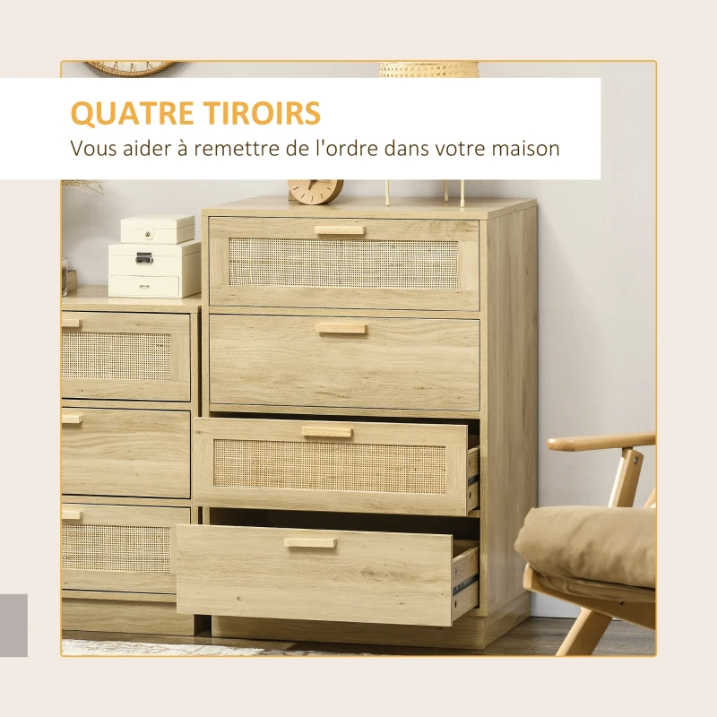HOMCOM Commode design bohème en rotin avec 4 tiroirs, meuble de rangement pour le salon, le couloir, l'entrée, bois naturel