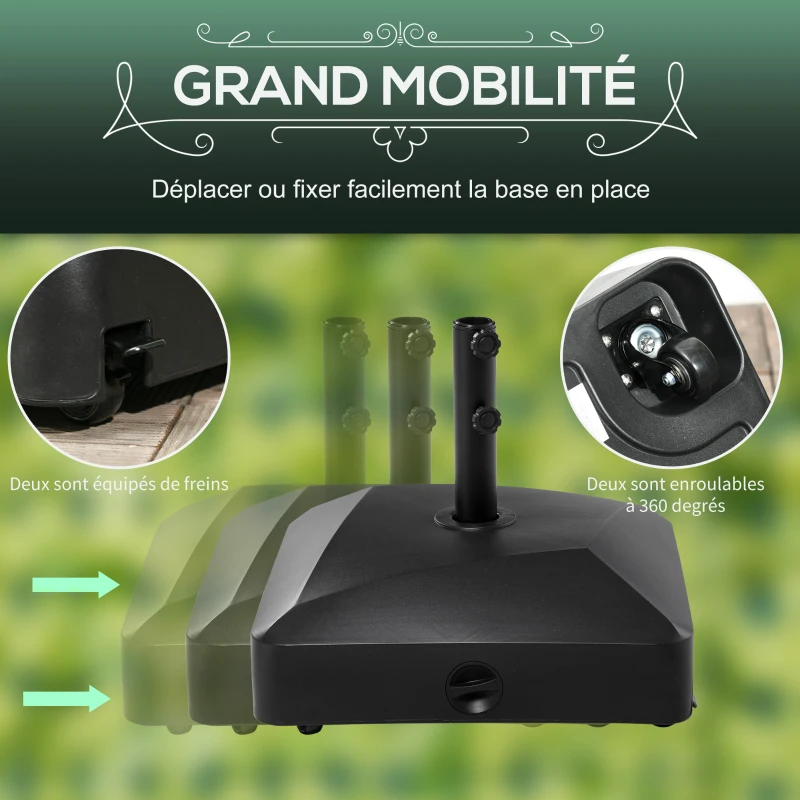 Outsunny Pied de parasol carré support parasol remplissage eau sable avec roues pour terrasse en PE 54,5 x 54,5 x 48 cm noir