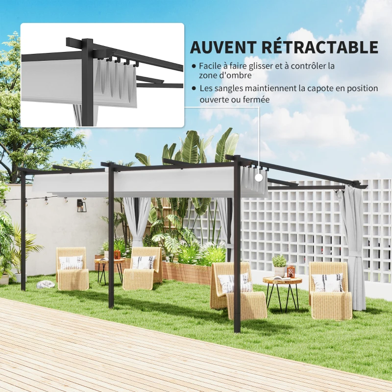 Outsunny Pergola jardin exterieur 3 x 6 m pergola coulissante rétractable avec parois latérales, abri soleil UPF30+, gris