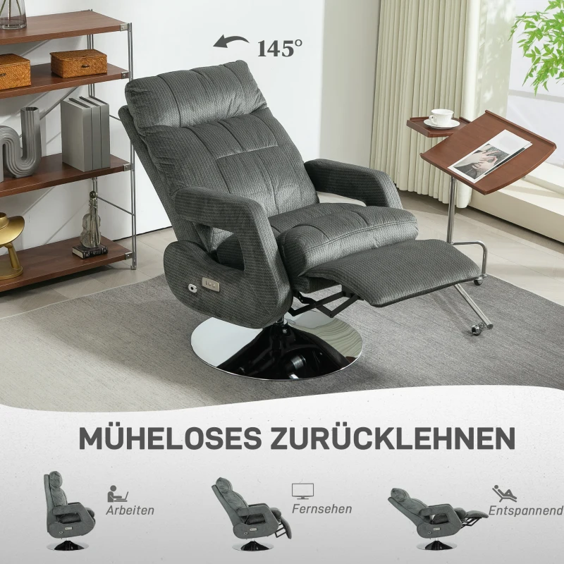 HOMCOM Recliner-Sessel, Elektrischer Polstersessel mit USB-Anschluss und Fußstütze, Samtoptik, drehbar, verstellbar, Grau(m-4)