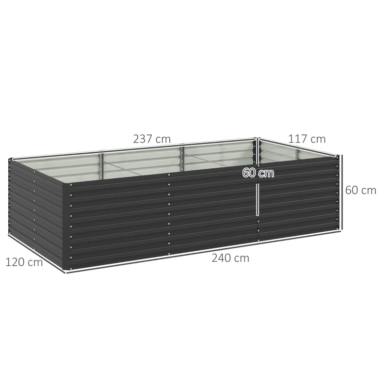 Outsunny Jardinière surélevée galvanisée rectangulaire pour l'extérieur - fond ouvert - 240 x 120 x 60cm, Gris