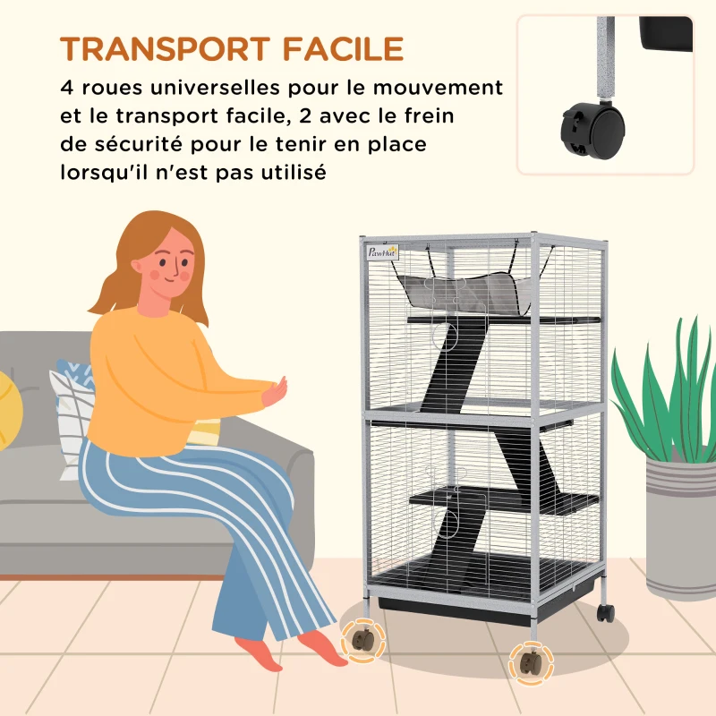 PawHut Cage pour Petits Animaux Portable à 4 Niveaux avec Roulettes, 2 Portes, 3 Rampes, Hamac et Plateau Amovible
