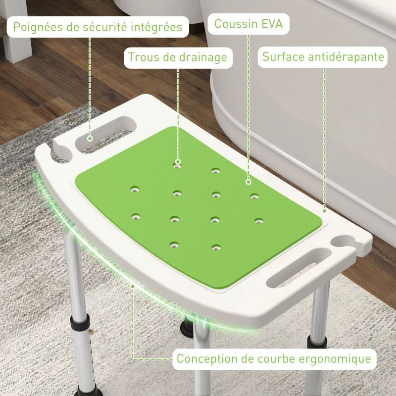HOMCOM Siège de Douche réglable en Hauteur Tabouret de Douche Ergonomique Pieds antidérapants Charge Max. 135 Kg alu HDPE Vert