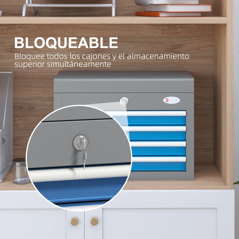 DURHAND Caja de Herramientas Metálica con Cerradura 4 Cajones y Bandeja Superior Asa Lateral 20Kg Capacidad 45x24,5x32,5 cm Gris