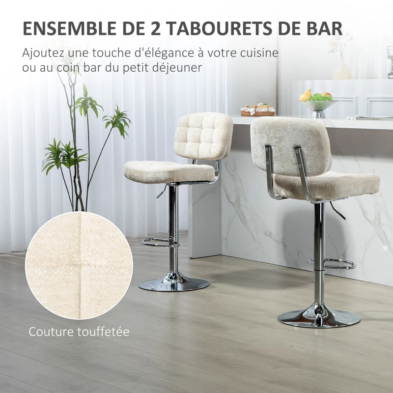 HOMCOM Lot de 2 tabourets de bar avec dossier, hauteur réglable et repose-pieds, cadre en acier, charge 120 Kg, beige