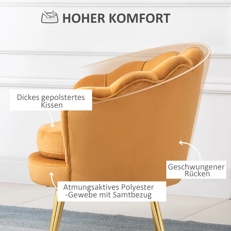 HOMCOM Loungefauteuil, Vintage Fauteuil in Fluweellook, Metalen Frame, 76 x 67 x 74 cm, Geel