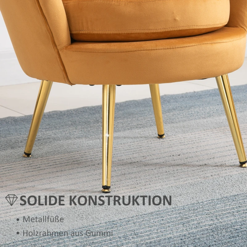HOMCOM Loungefauteuil, Vintage Fauteuil in Fluweellook, Metalen Frame, 76 x 67 x 74 cm, Geel