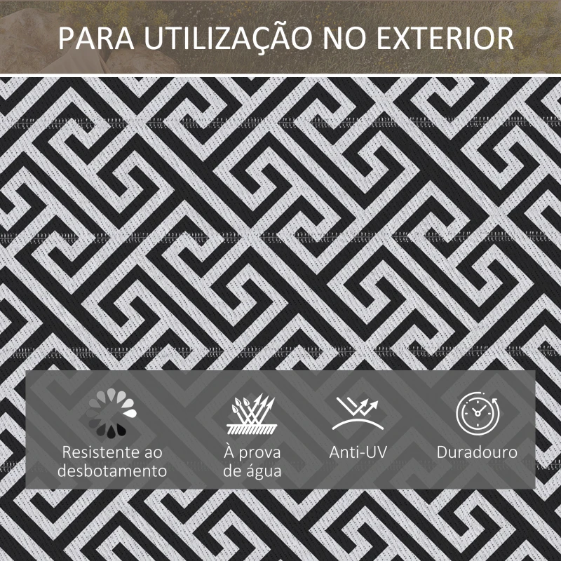 Outsunny Tapete de Exterior 182x274 cm Tapete Reversível com Desenho Geométrico Impermeável para Varanda Campismo Praia Branco e Preto