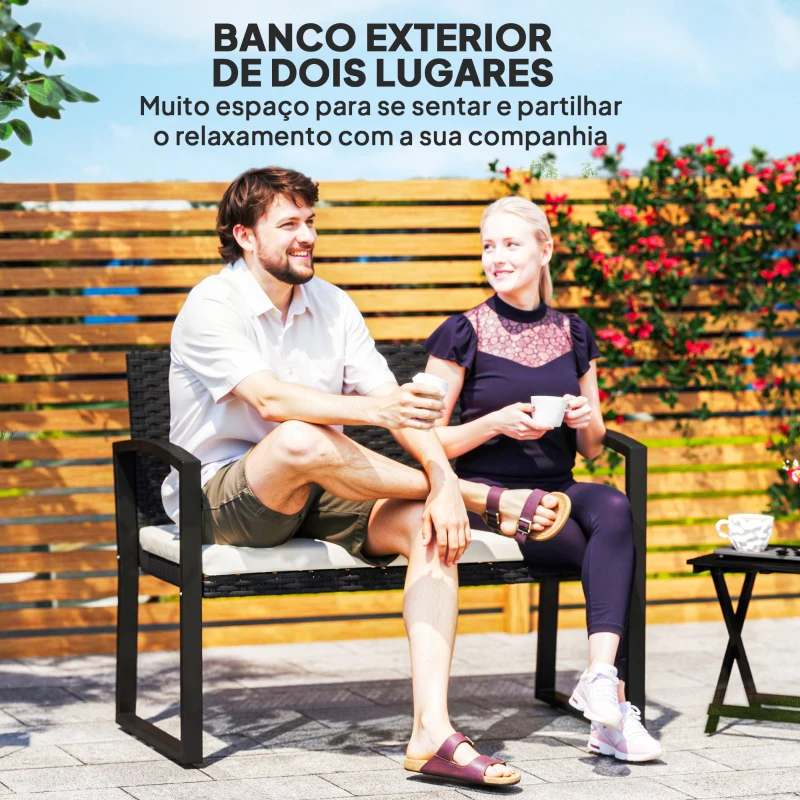 Outsunny Banco de Jardim em Vime Sintético de 2 Lugares Banco de Exterior com Almofada 103x58x78 cm Preto e Bege