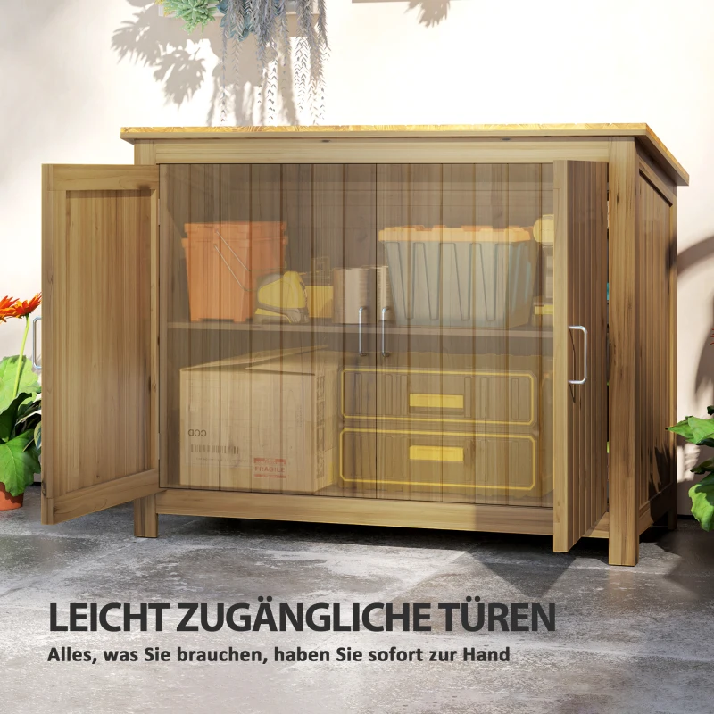 Outsunny Gartenschrank, Holzkommode mit 2 Regalen für Garten, Terrasse, Wetterfest, 110 x 50 x 85 cm, Braun(m-5)