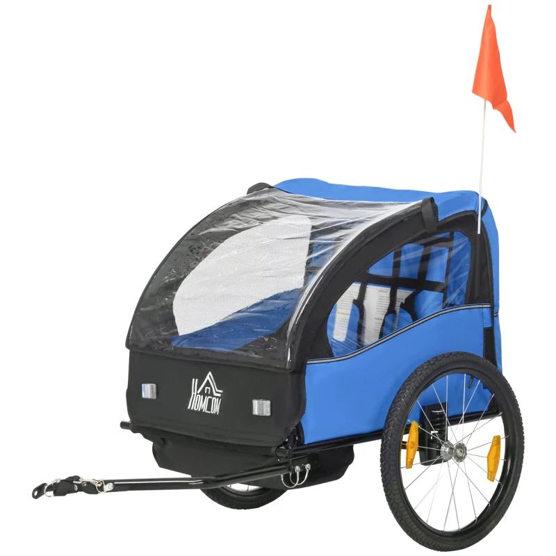 HOMCOM Reboque de Bicicleta para Crianças de 2 Lugares com Cinto de Segurança e Sistema de Amortecimento 140x88x90 cm Azul