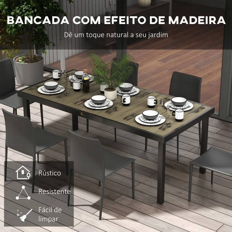 Outsunny Mesa de Jardim Retangular para 8 Pessoas com Bancada de Ripas e Estrutura de Alumínio 190x90x74 cm Preto e Madeira