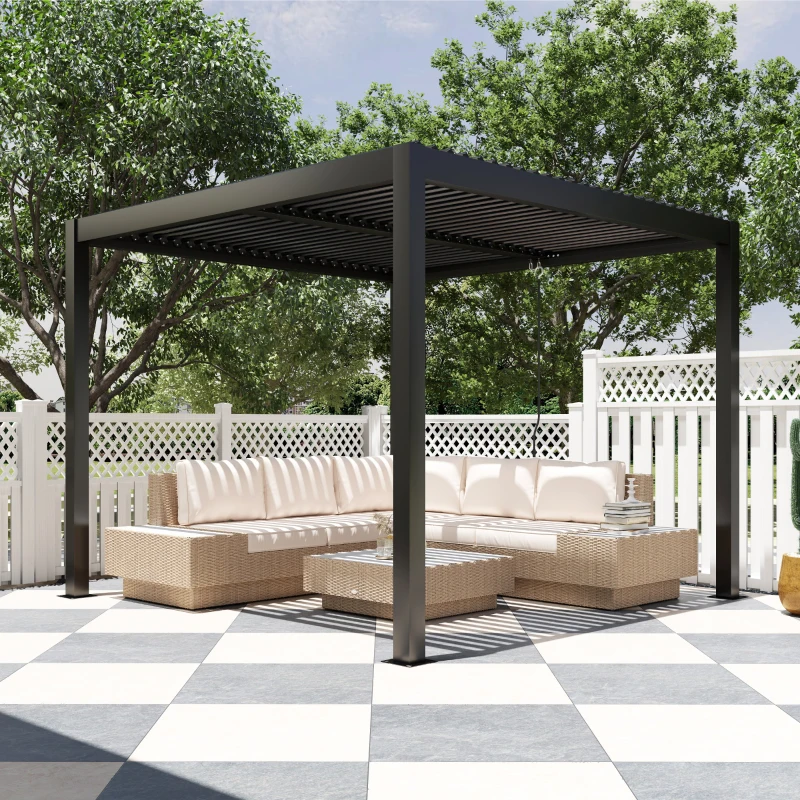 Outsunny Pérgola con Techo Ajustable y Sistema de Drenaje Estructura de Aluminio para Jardín o Patio 298x298x223,5 cm Gris
