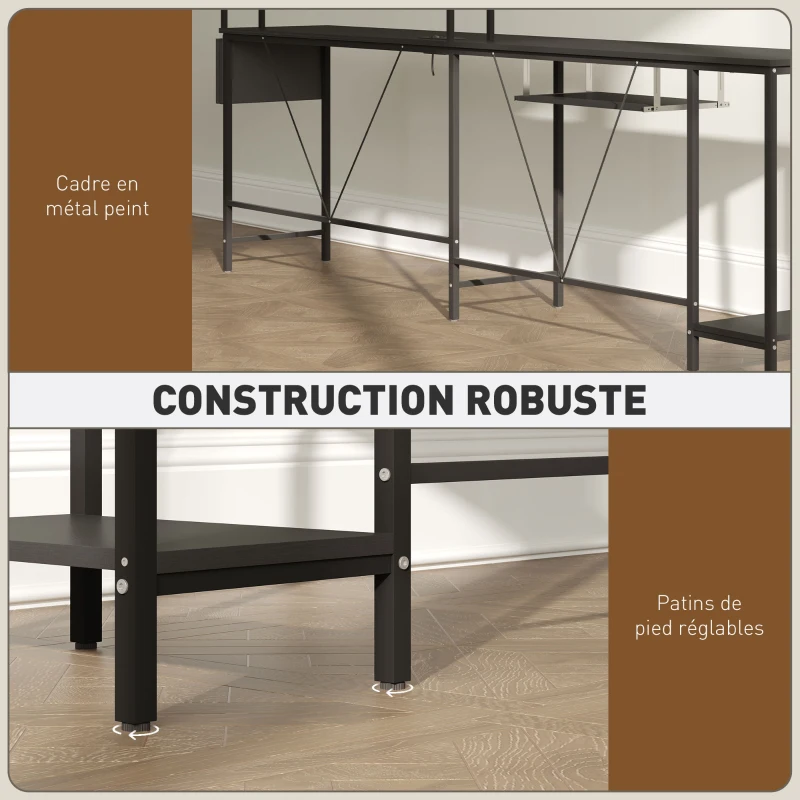 HOMCOM Bureau modulable, bureau d'angle avec Prise et port USB, Style Industriel Étagères de Rangement et Plateau Clavier, Noir