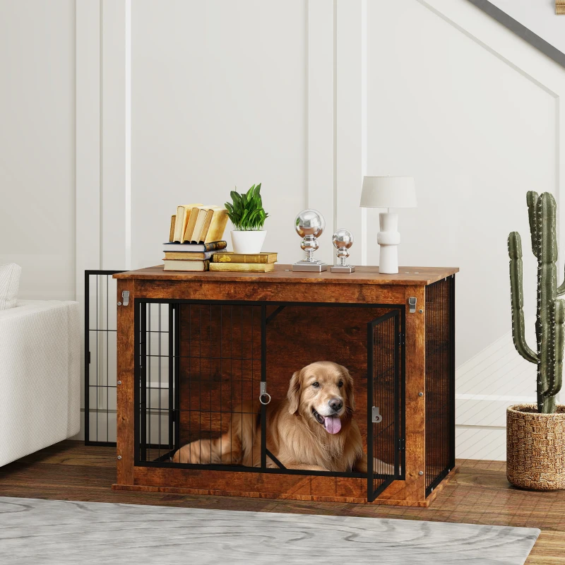 PawHut Hondenbox, Transportbox voor honden, Verblijfsbox, voor huisdieren, 2 afsluitbare deuren, 98 x 60 x 65,5 cm, Bruin(m-2)
