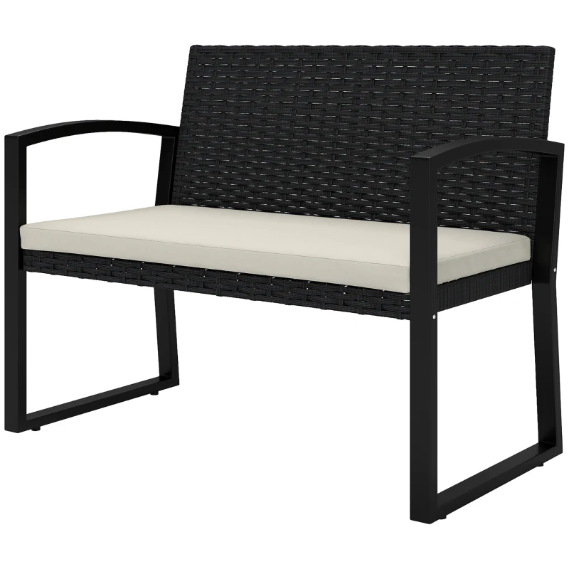 Outsunny Banco de Jardim em Vime Sintético de 2 Lugares Banco de Exterior com Almofada 103x58x78 cm Preto e Bege