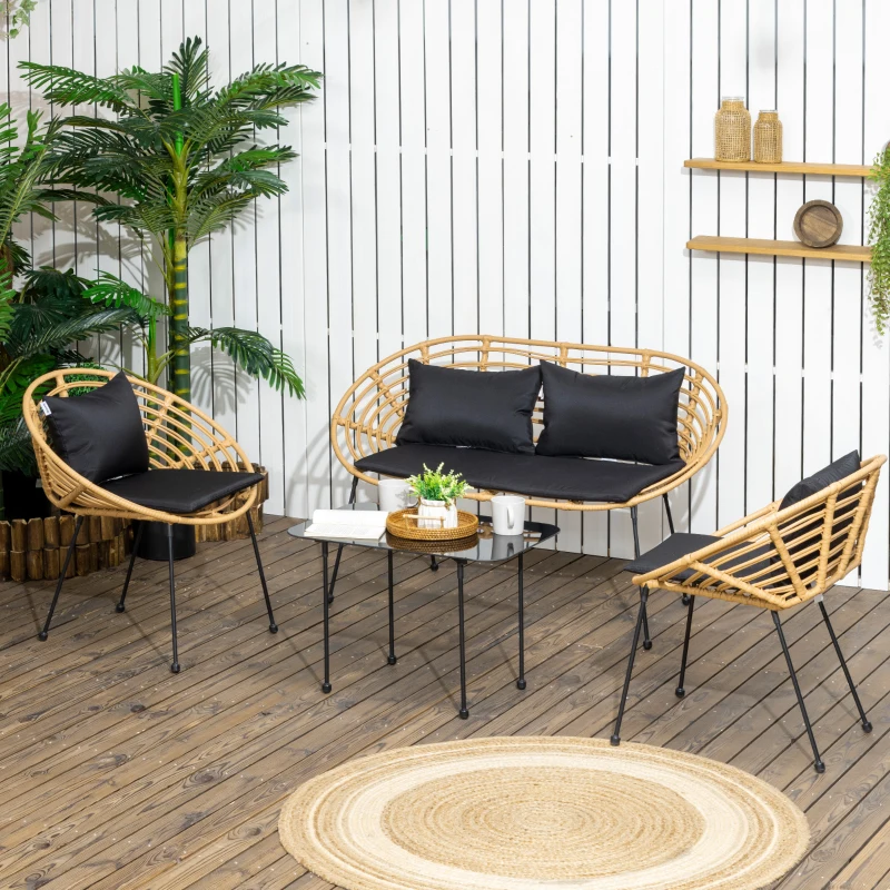 Outsunny Conjunto de Móveis de Jardim em Vime Sintético 4 Peças com 1 Sofá Duplo 2 Poltronas e Mesa de Vidro Madeira e Preto