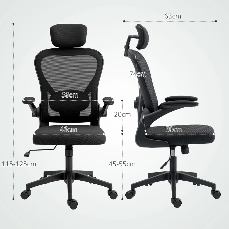 HOMCOM Cadeira de Escritório Giratória com Altura Ajustável Apoio para a Cabeça e Suporte Lombar Ajustáveis 58x63x115-125 cm Preto