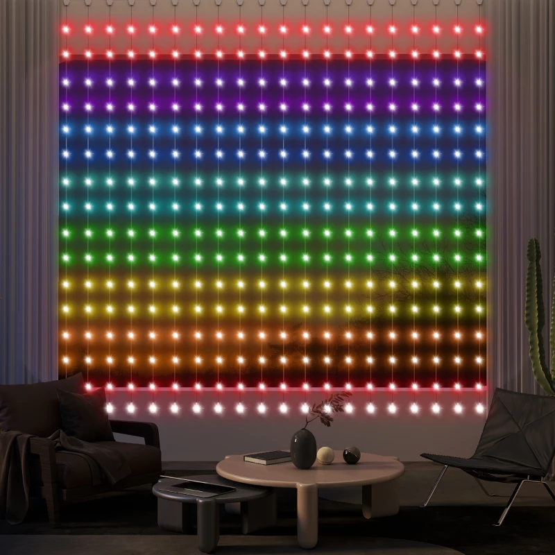 HOMCOM Cortina de Luzes 3x3 m Cortina de Luzes LED Inteligente com 400 Luzes LED RGBIC Sincronização com Música