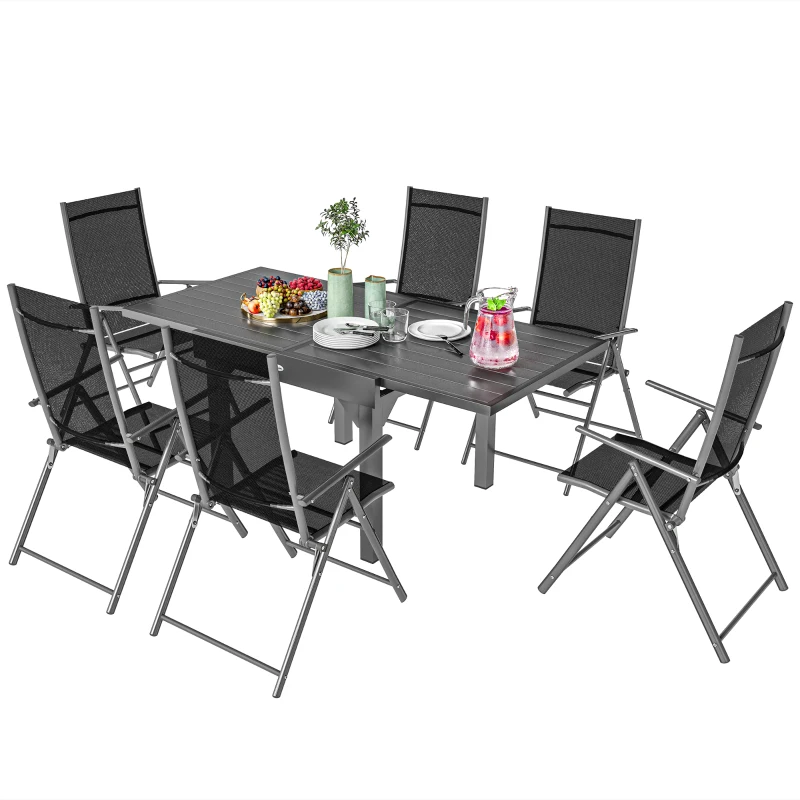 Outsunny Set da Giardino 7 Pezzi con 6 Sedie Pieghevoli e Tavolo Allungabile, in Acciaio, Alluminio e Rete Grigio e Nero