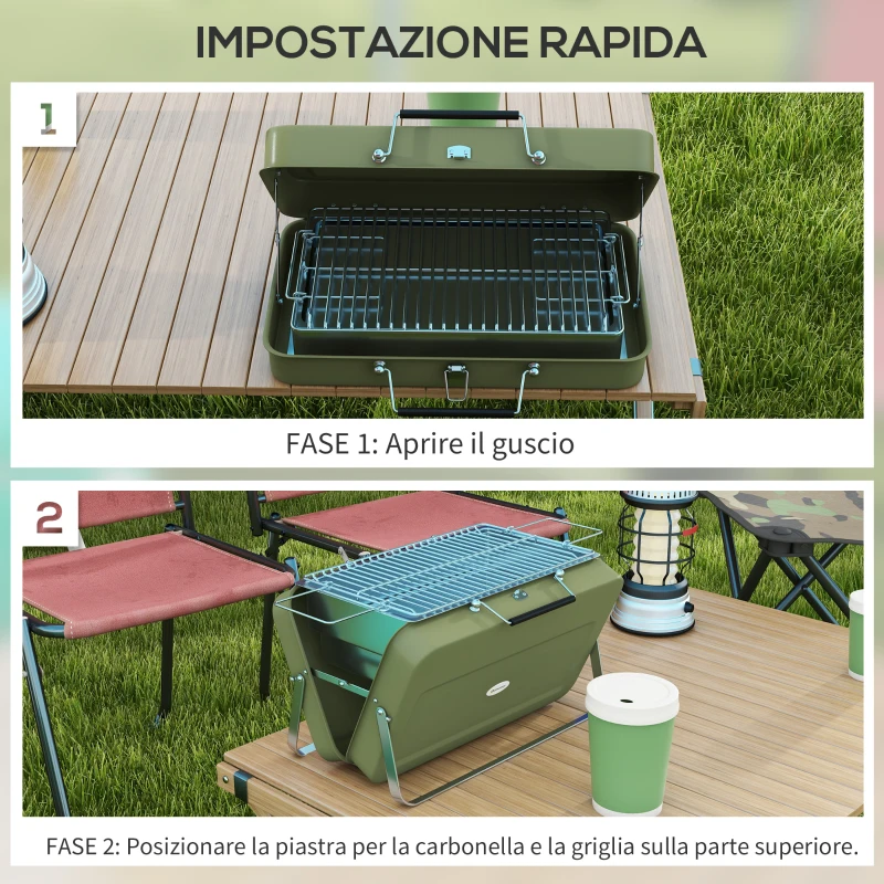 Outsunny Barbecue a Carbonella Portatile e Pieghevole a Valigetta con Manico, 47x30x28 cm, Verde