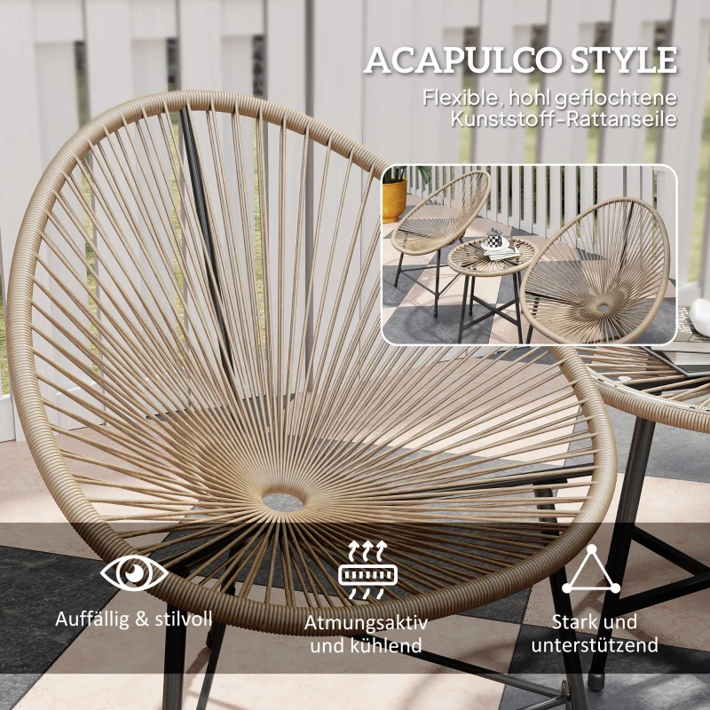 Outsunny 3-teiliges Gartenmöbel-Set, 2 Kunststoffrattan-Stühle, 1 Tisch mit Glasplatte, Stahlrahmen, Outdoor-Sitzmöbel, Hellbraun