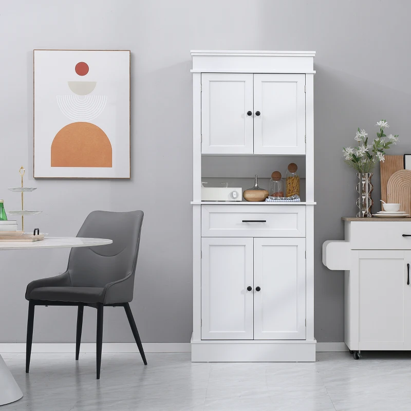HOMCOM Armário de Cozinha com 4 Portas 1 Gaveta e Prateleira Aberta para Sala de Estar Sala de Jantar 74x39,5x183cm Branco