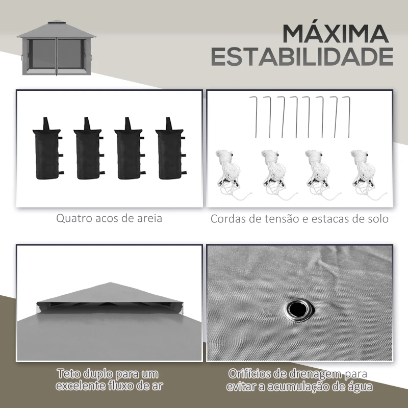 Outsunny Tenda Dobrável Pop-UP 3,92x3,92x2,83 m com Altura Ajustável Proteção UV50+ Rede Mosquiteira e Bolsa de Transporte Cinza