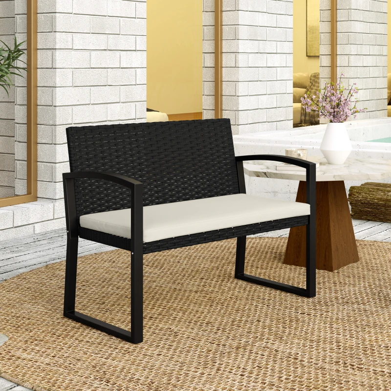 Outsunny Banco de Jardim em Vime Sintético de 2 Lugares Banco de Exterior com Almofada 103x58x78 cm Preto e Bege
