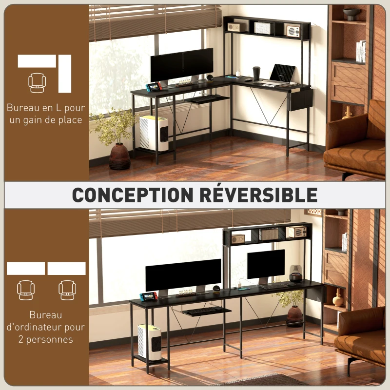 HOMCOM Bureau modulable, bureau d'angle avec Prise et port USB, Style Industriel Étagères de Rangement et Plateau Clavier, Noir