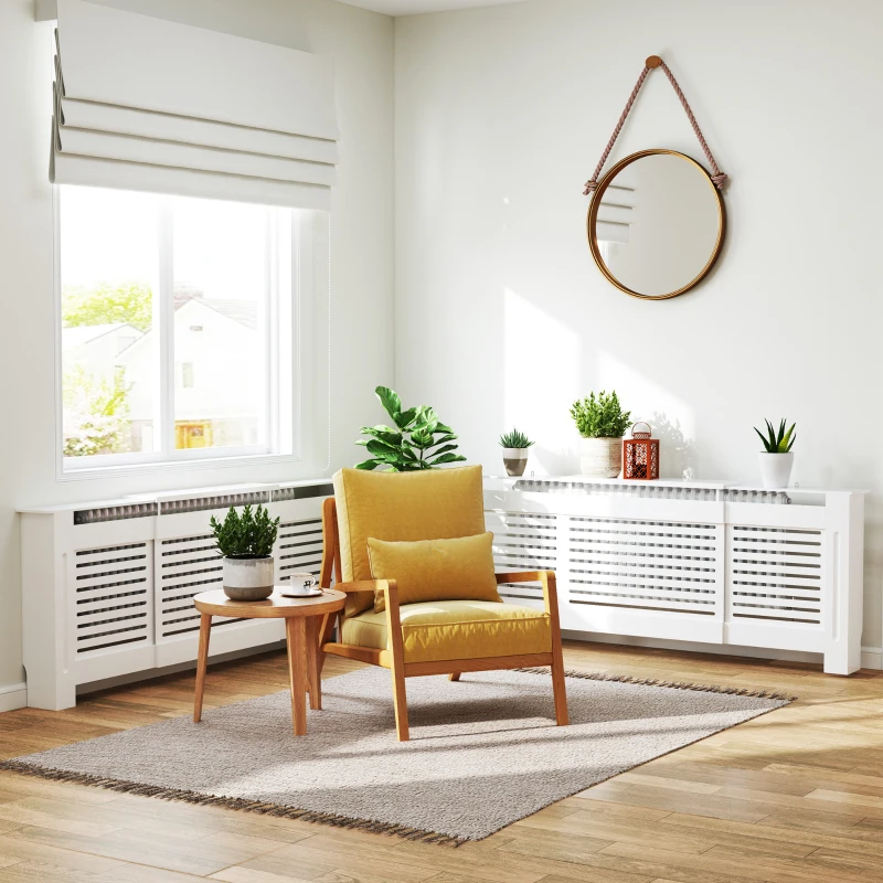 HOMCOM Set of 2 MDF Extendable Radiator Cover with Cabinet Shelving, Home Office Slatted Design, White 139-208.5L x 20.5W x 82.5H cm