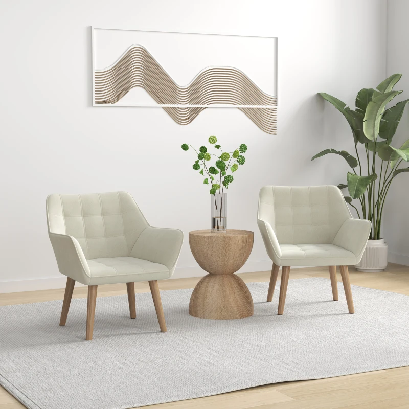 Set of 2 Accent Chair, Arm Chair with Slanted Back, Thick Padding and Rubber Wooden Legs for Living Room, Cream White