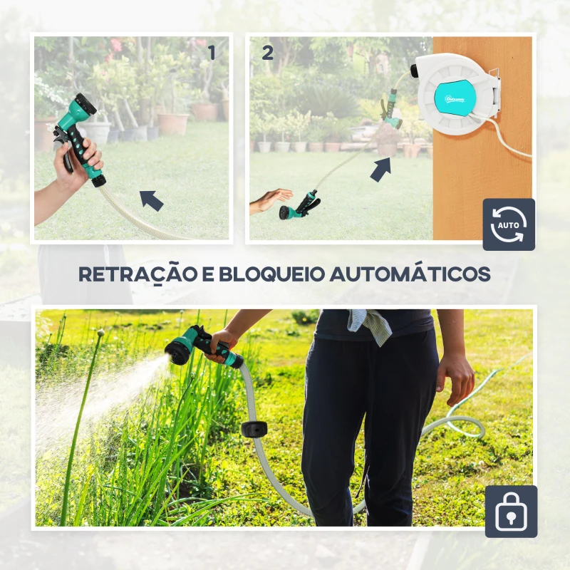 Outsunny Carretel de Mangueira para Jardim 20+2 m com 7 Bocais Função de Bloqueio Retorno Automático e Giro de 180° Cinza Claro