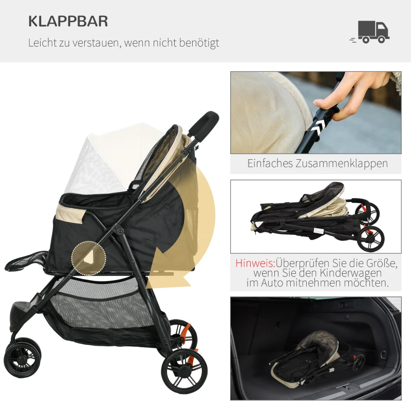 PawHut Haustierbuggy Hundebuggy, klappbar, mit Regenschutz, 2 Getränkehalter, Blau + Khaki(m-5)